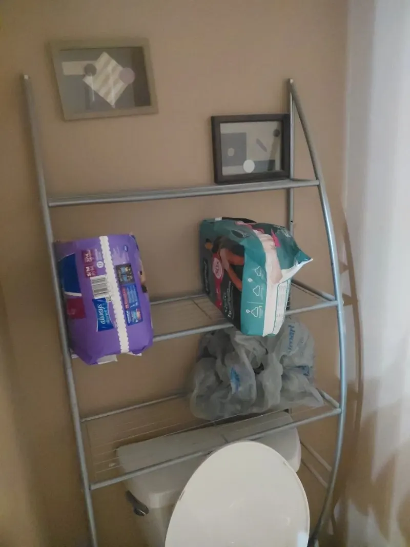 Silver metal over-the-toilet bathroom shelf with framed abstract art prints